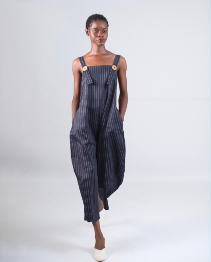 Barrel Leg Jumpsuit in Stripe Dark Denim