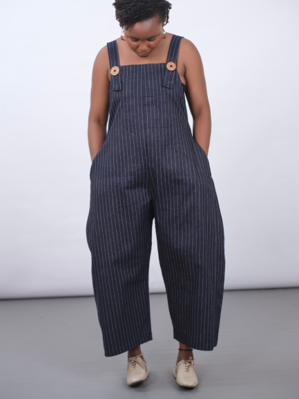Barrel Leg Jumpsuit in Stripe Dark Denim