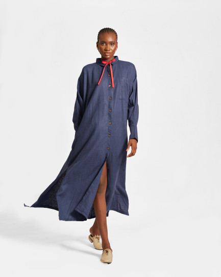 Shirt Dress In Navy-Blue Linen (UK 10-12)