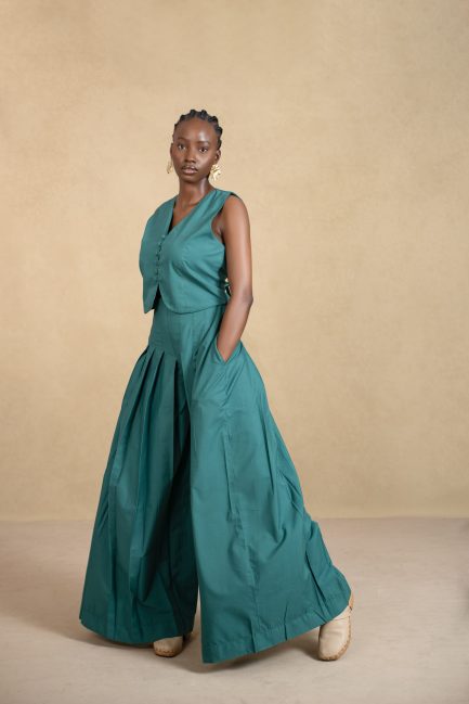 Pleated Pant in Green Cotton