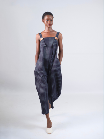 Barrel leg Jumpsuit in Stripe Dark Denim