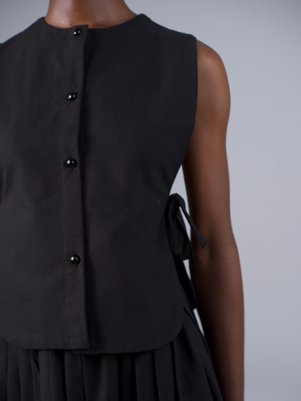 Black Linen Bib Blouse