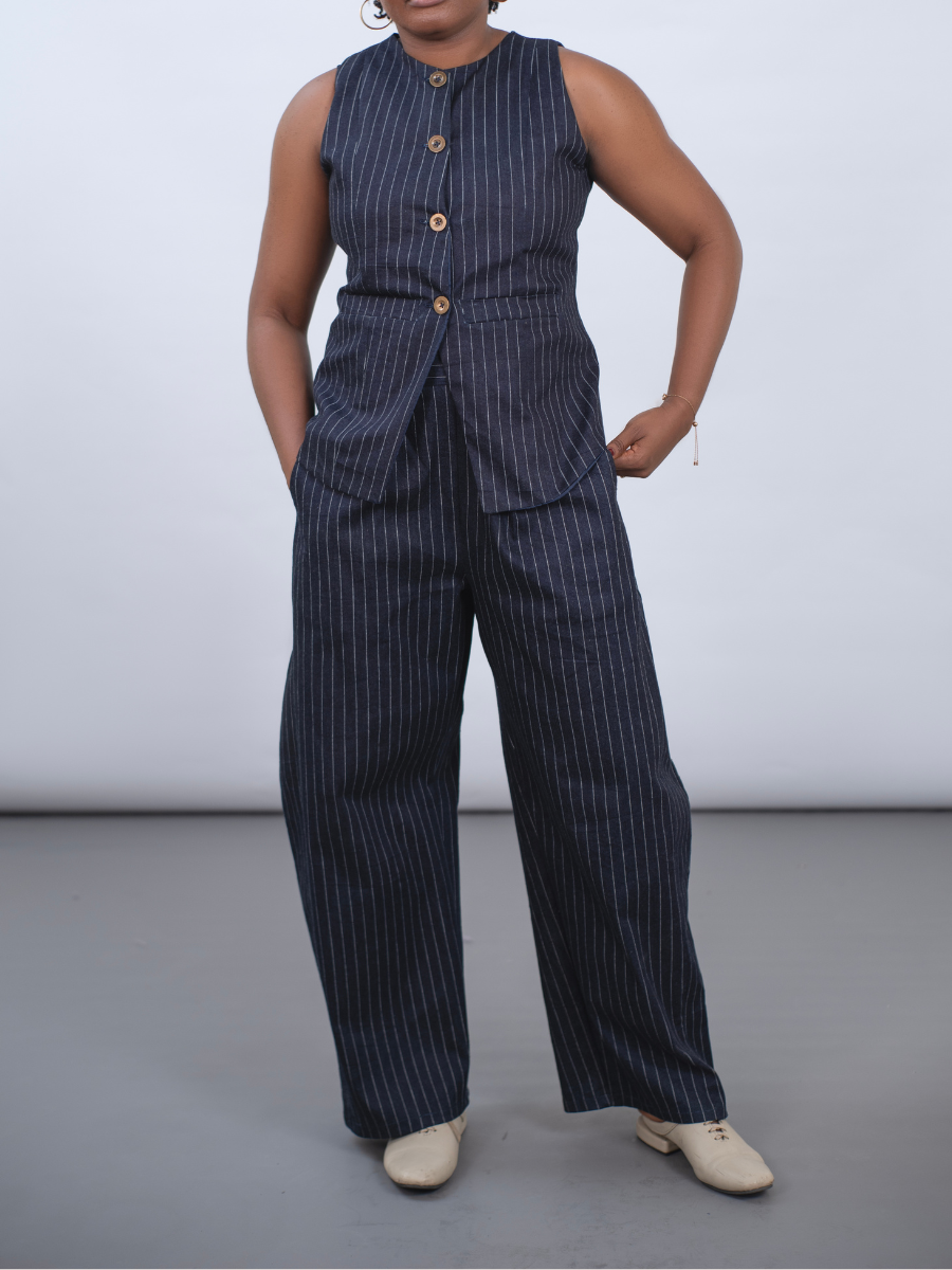 Barrel leg Pant in Stripe-Dark Denim