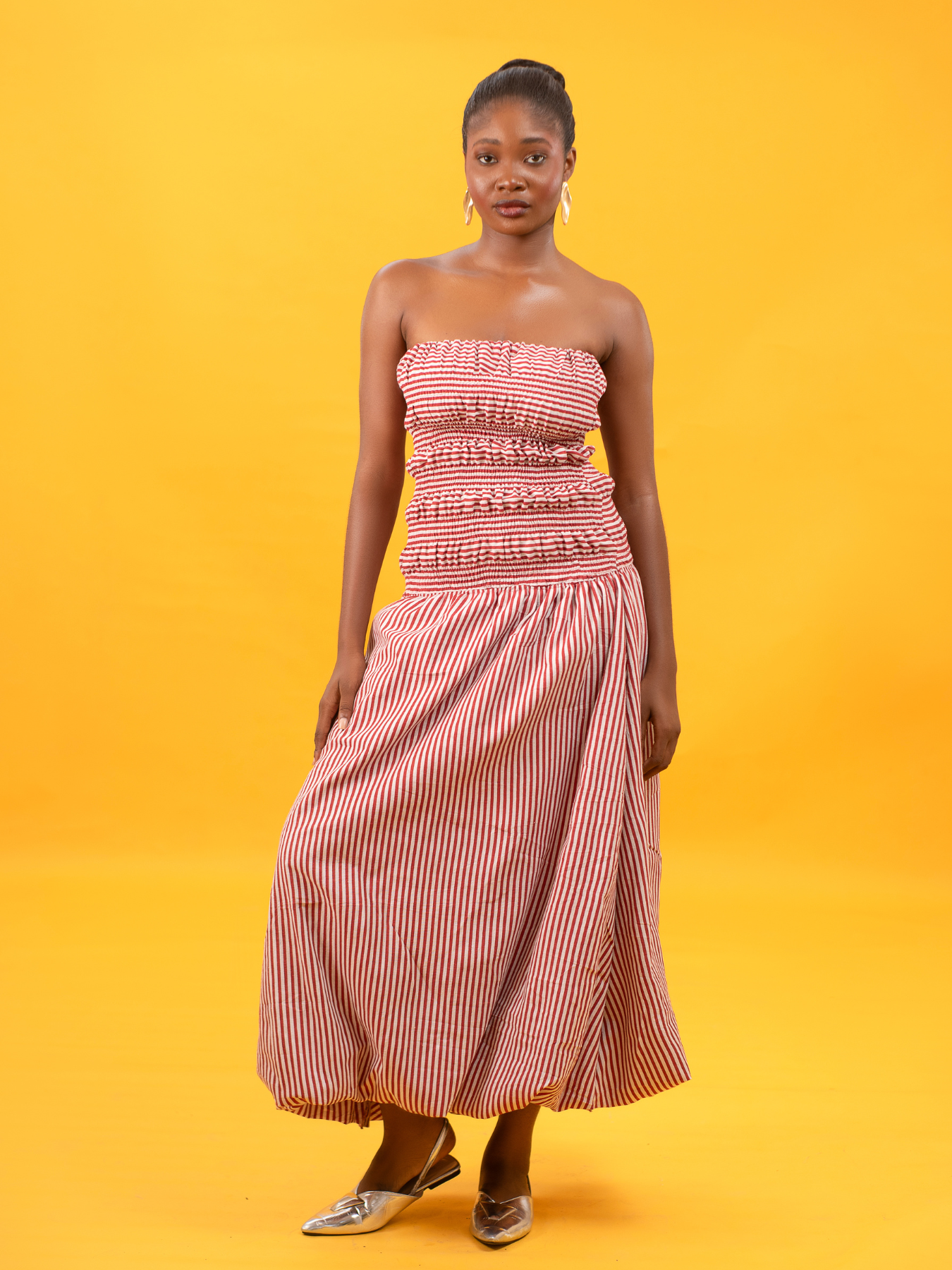 Bulb Midi Dress in Red Stripe Linen